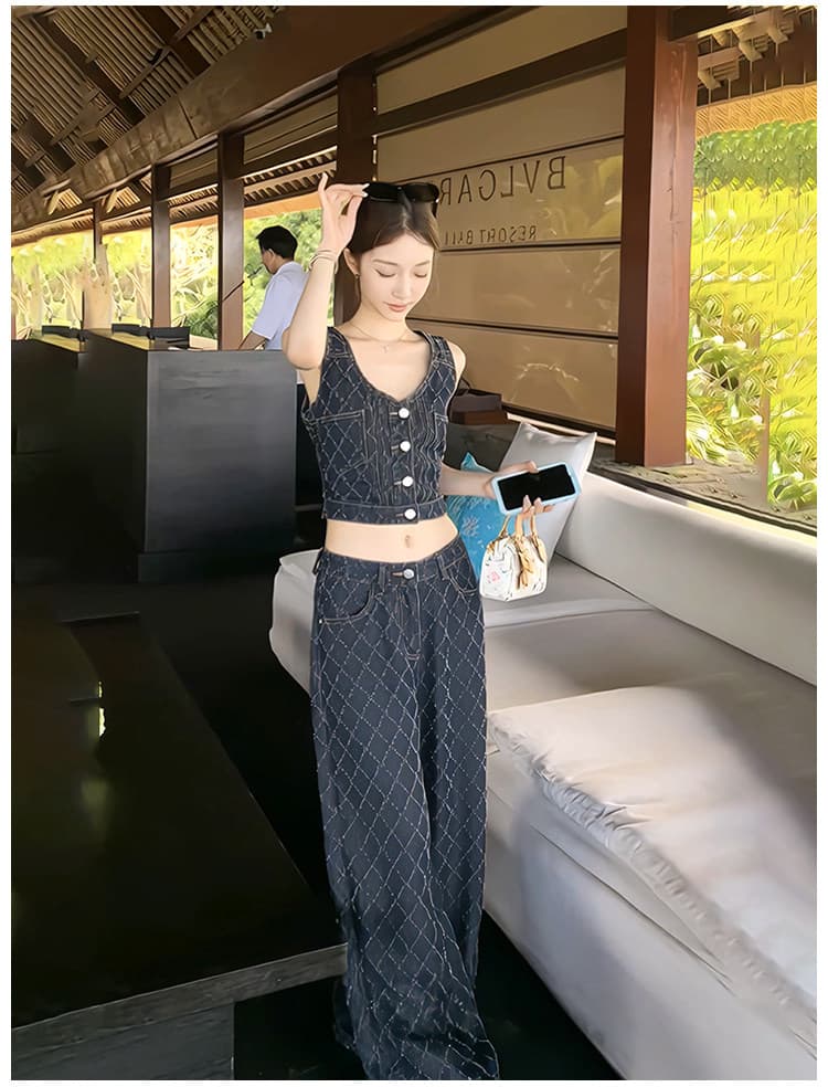 도시 스타일 바람 데님 세트 여성 여름 디자인 센스 링 체크무늬 조끼 와이드 레그 팬츠 투피스 세트 패션 슬림해 보이는 상세 이미지 4