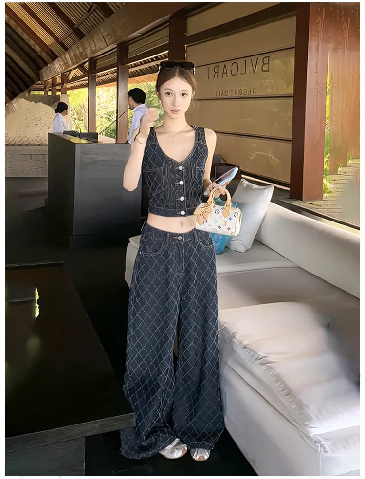 도시 스타일 바람 데님 세트 여성 여름 디자인 센스 링 체크무늬 조끼 와이드 레그 팬츠 투피스 세트 패션 슬림해 보이는 상세 이미지 6