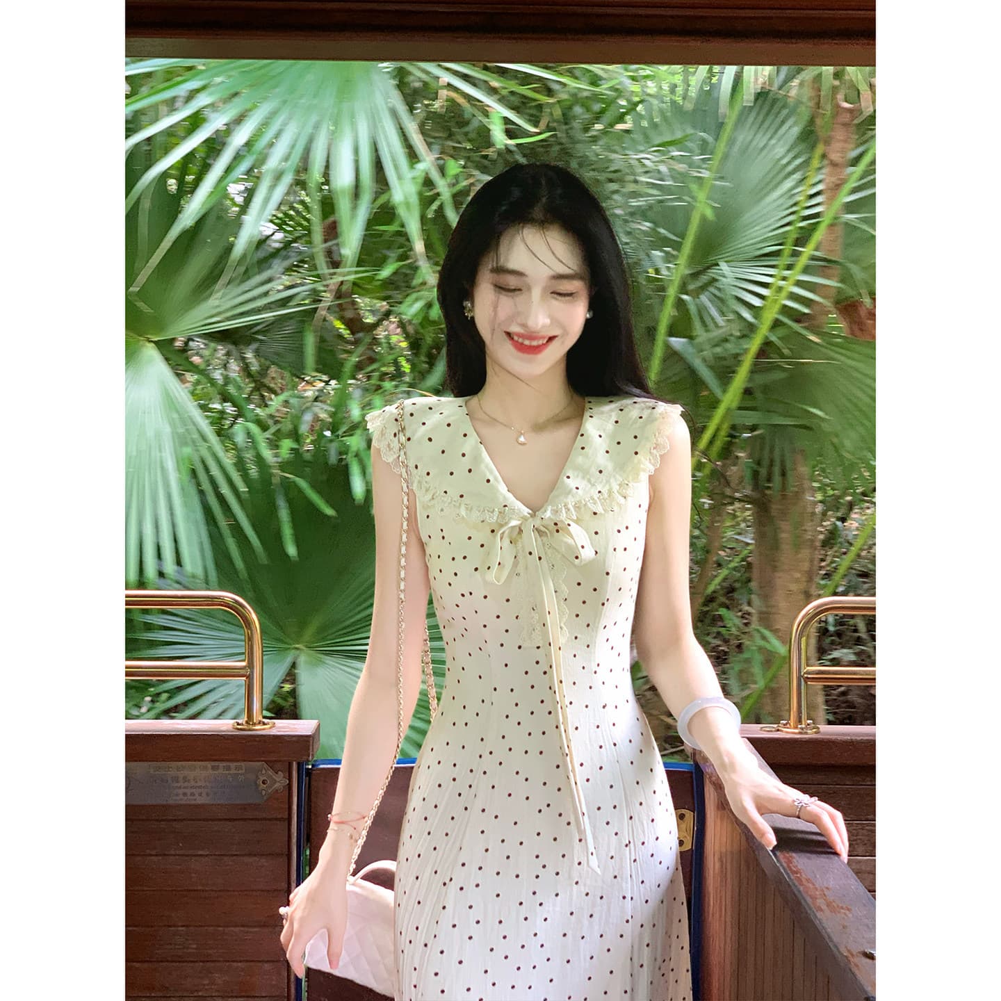 링 茜 거만한 와우 첫사랑 베이비 칼라 도트 무늬 여성 드레스 여름 프랑스식 나비 매듭 민소매 조끼 큰 진자 롱 스커트 이미지 6