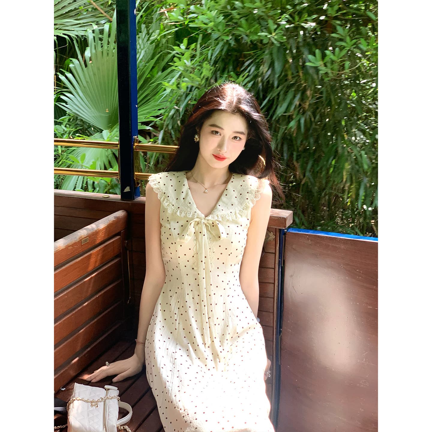 링 茜 거만한 와우 첫사랑 베이비 칼라 도트 무늬 여성 드레스 여름 프랑스식 나비 매듭 민소매 조끼 큰 진자 롱 스커트 이미지 5
