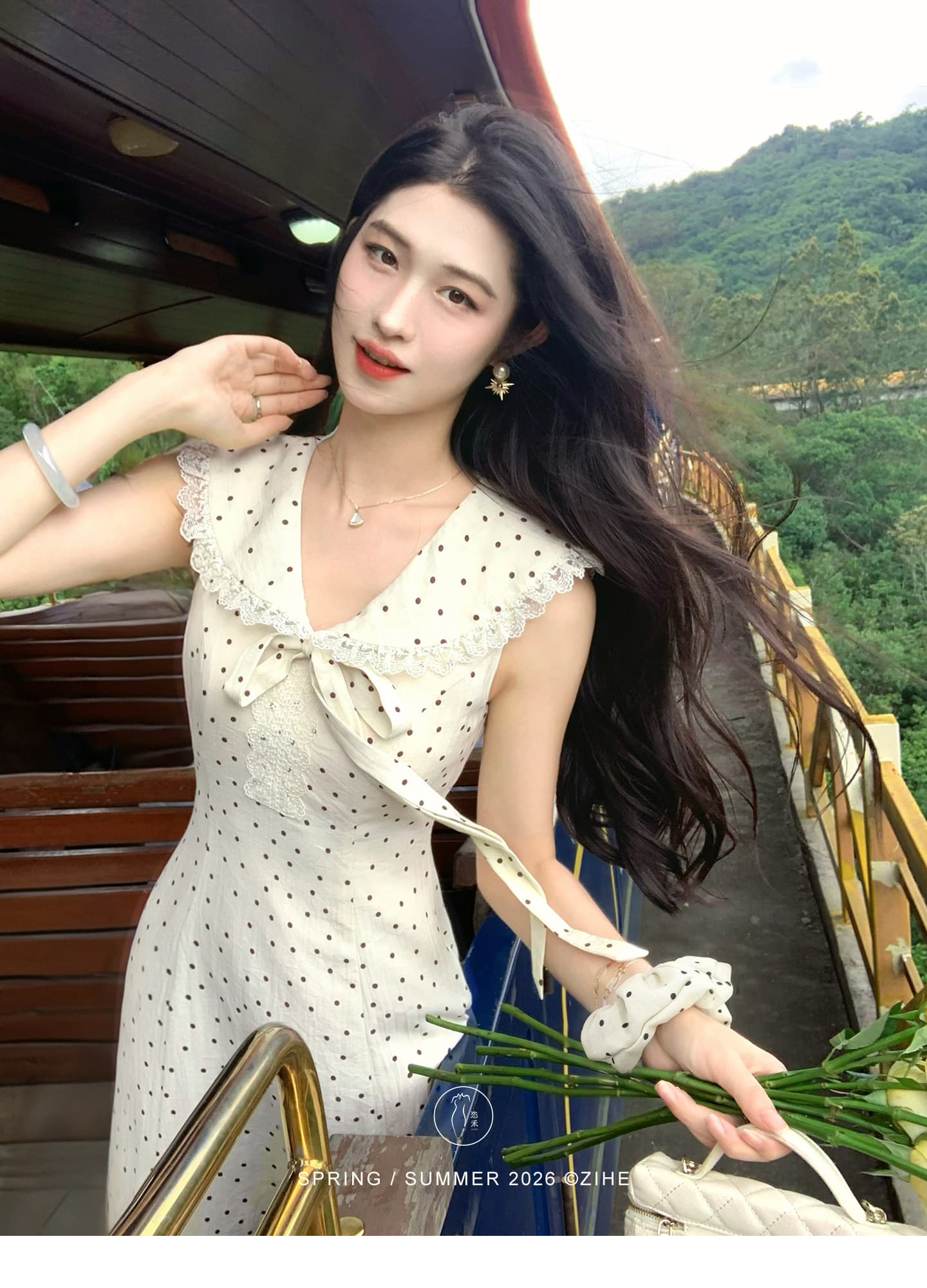 링 茜 거만한 와우 첫사랑 베이비 칼라 도트 무늬 여성 드레스 여름 프랑스식 나비 매듭 민소매 조끼 큰 진자 롱 스커트 상세 이미지 3