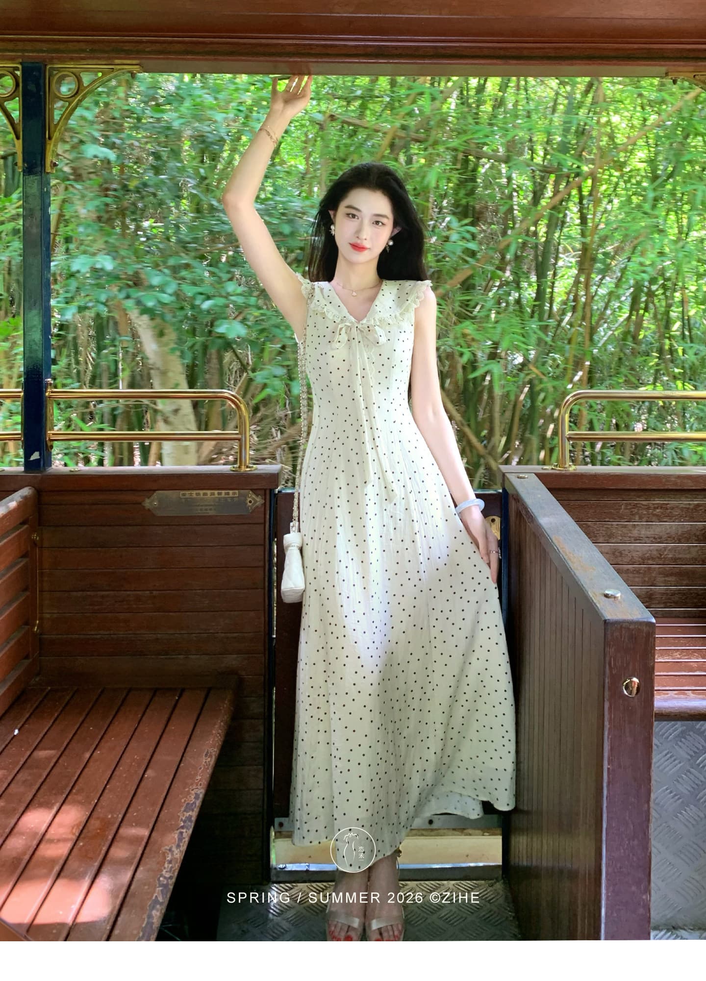 링 茜 거만한 와우 첫사랑 베이비 칼라 도트 무늬 여성 드레스 여름 프랑스식 나비 매듭 민소매 조끼 큰 진자 롱 스커트 상세 이미지 4