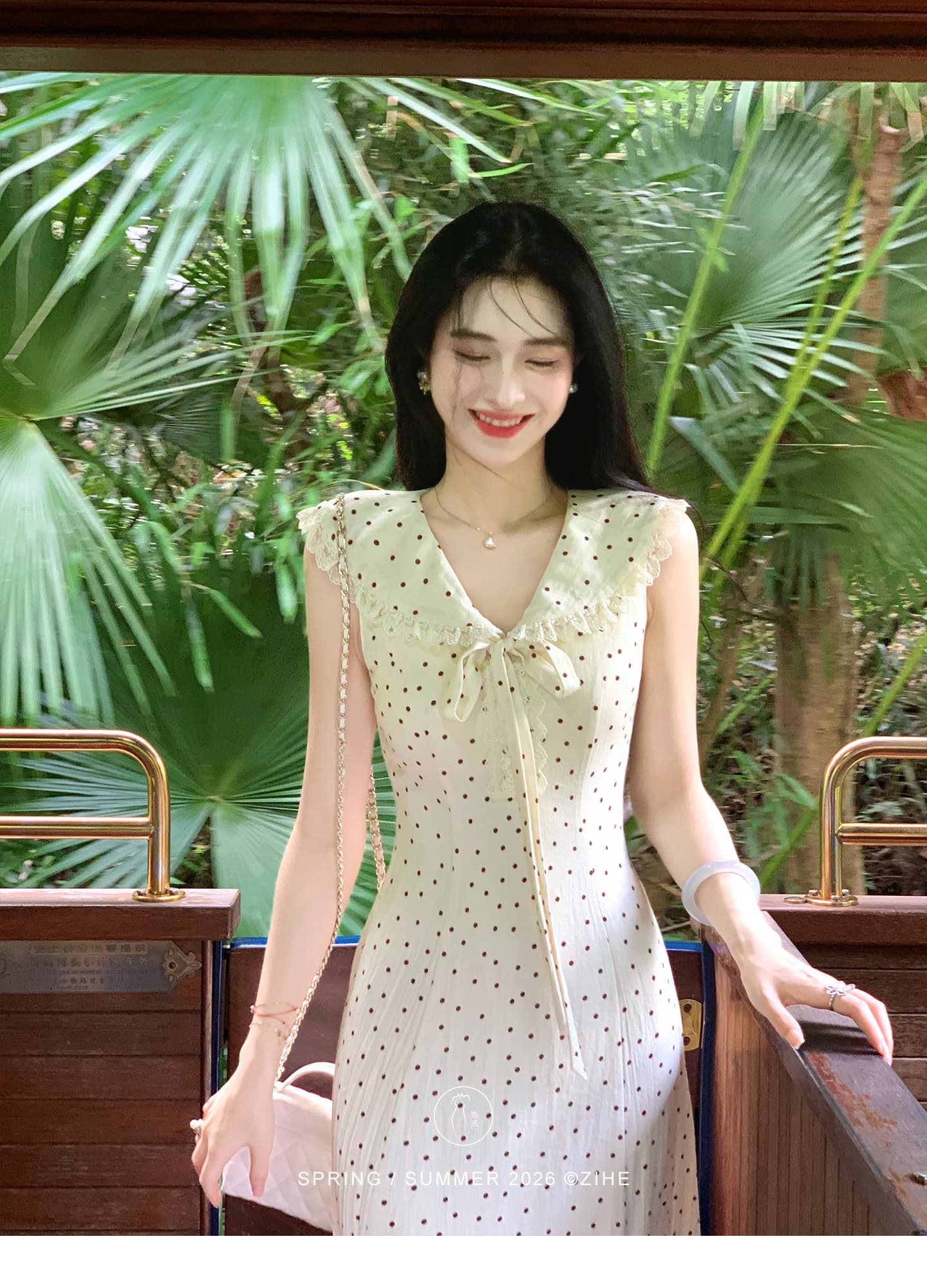 링 茜 거만한 와우 첫사랑 베이비 칼라 도트 무늬 여성 드레스 여름 프랑스식 나비 매듭 민소매 조끼 큰 진자 롱 스커트 상세 이미지 5
