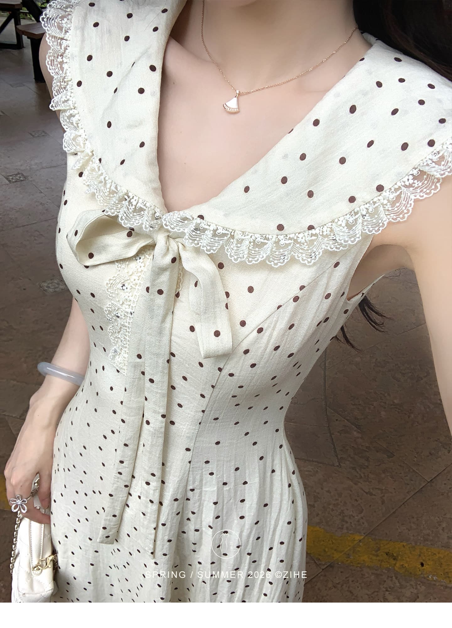 링 茜 거만한 와우 첫사랑 베이비 칼라 도트 무늬 여성 드레스 여름 프랑스식 나비 매듭 민소매 조끼 큰 진자 롱 스커트 상세 이미지 6