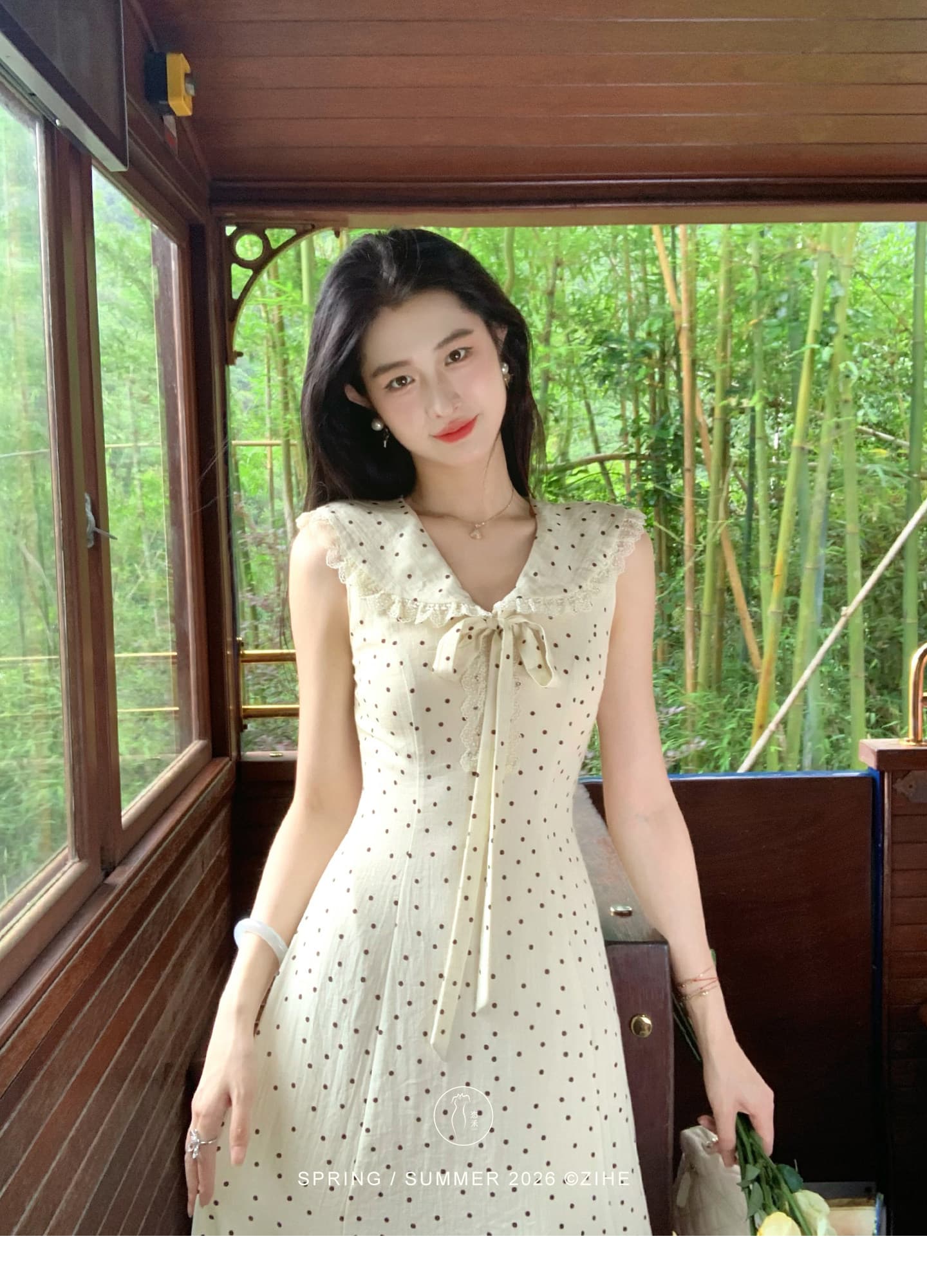 링 茜 거만한 와우 첫사랑 베이비 칼라 도트 무늬 여성 드레스 여름 프랑스식 나비 매듭 민소매 조끼 큰 진자 롱 스커트 상세 이미지 9