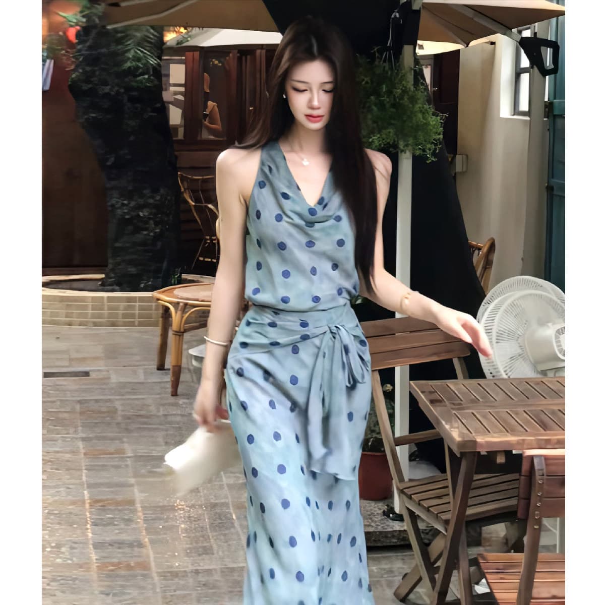 프랑스식 레트로 우아함 도트 무늬 흔들다 칼라 민소매 여성 드레스 여름 몸매 가꾸기 허리 수축 민소매 품격 타이트 스커트 롱 스커트 이미지 6