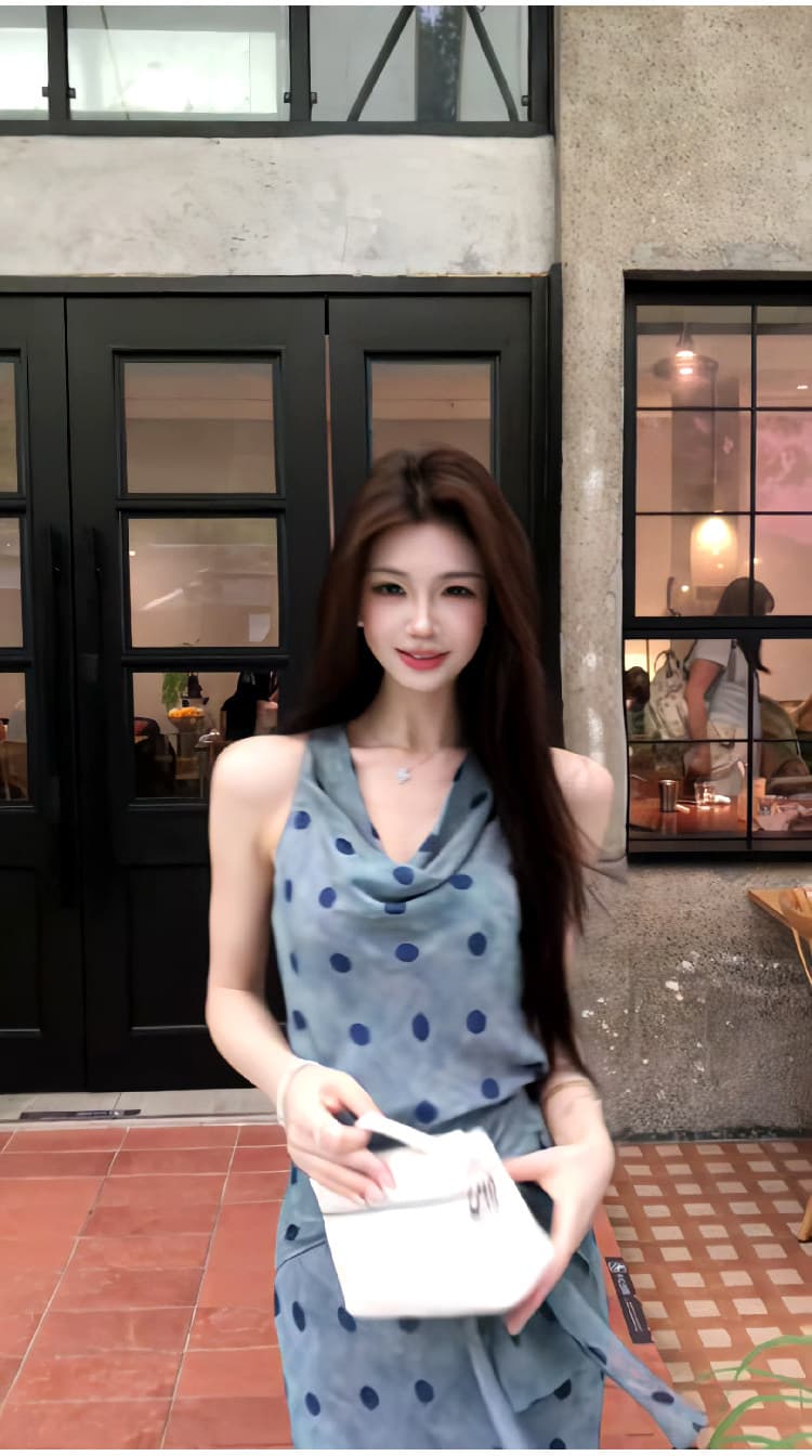 프랑스식 레트로 우아함 도트 무늬 흔들다 칼라 민소매 여성 드레스 여름 몸매 가꾸기 허리 수축 민소매 품격 타이트 스커트 롱 스커트 상세 이미지 4