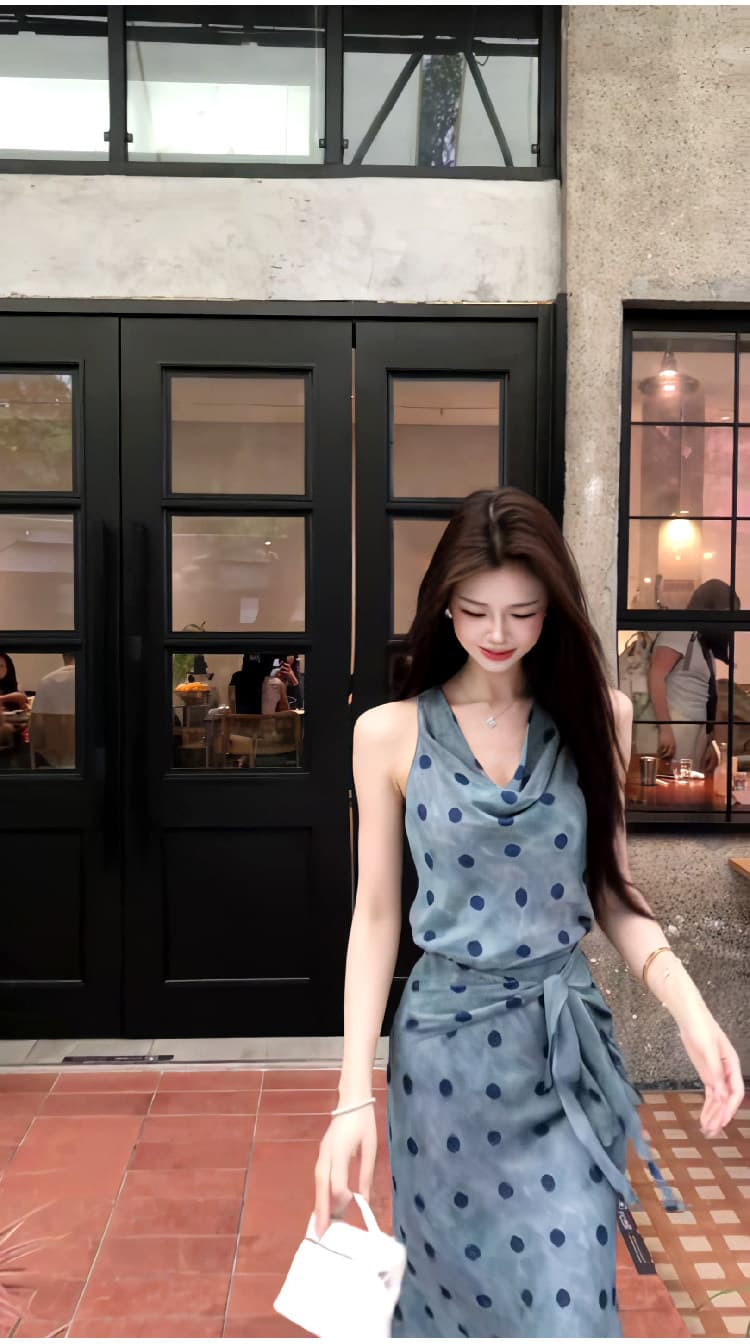 프랑스식 레트로 우아함 도트 무늬 흔들다 칼라 민소매 여성 드레스 여름 몸매 가꾸기 허리 수축 민소매 품격 타이트 스커트 롱 스커트 상세 이미지 6