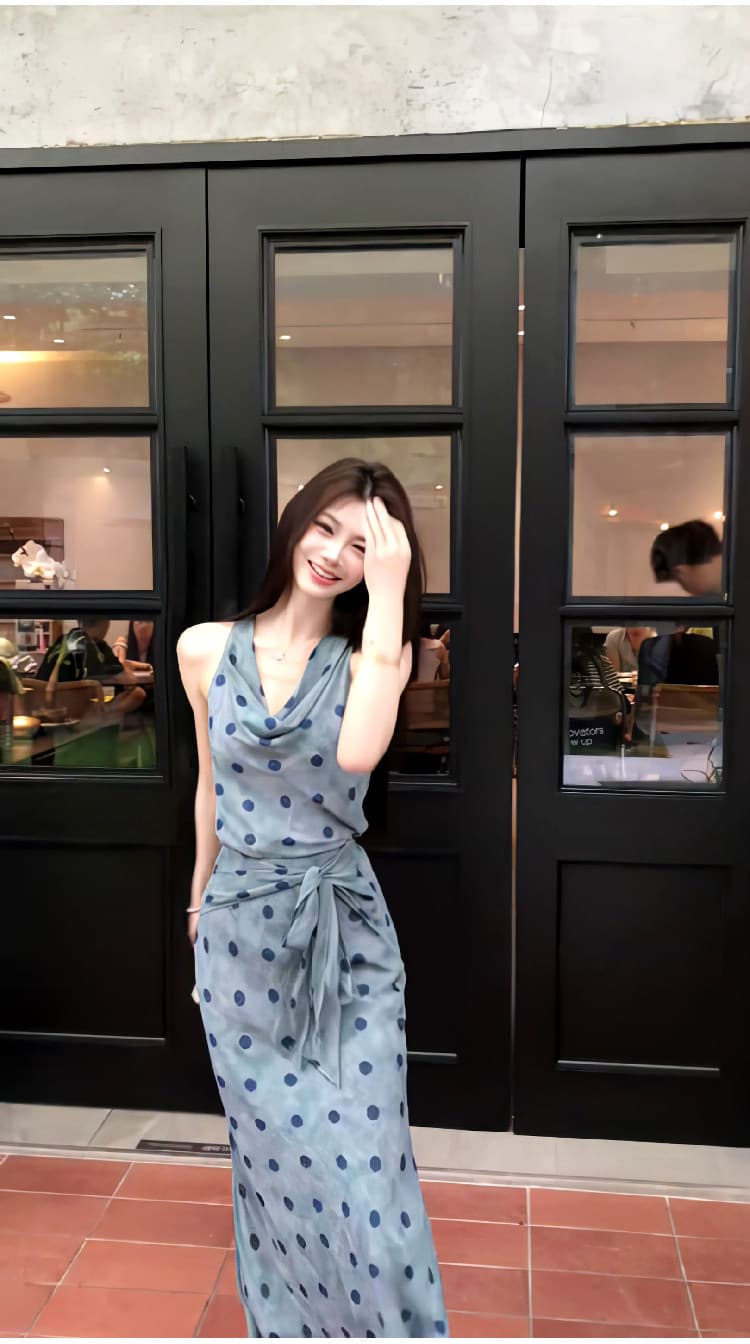 프랑스식 레트로 우아함 도트 무늬 흔들다 칼라 민소매 여성 드레스 여름 몸매 가꾸기 허리 수축 민소매 품격 타이트 스커트 롱 스커트 상세 이미지 7