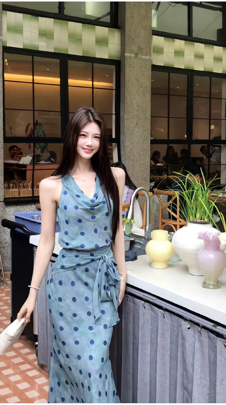 프랑스식 레트로 우아함 도트 무늬 흔들다 칼라 민소매 여성 드레스 여름 몸매 가꾸기 허리 수축 민소매 품격 타이트 스커트 롱 스커트 상세 이미지 8