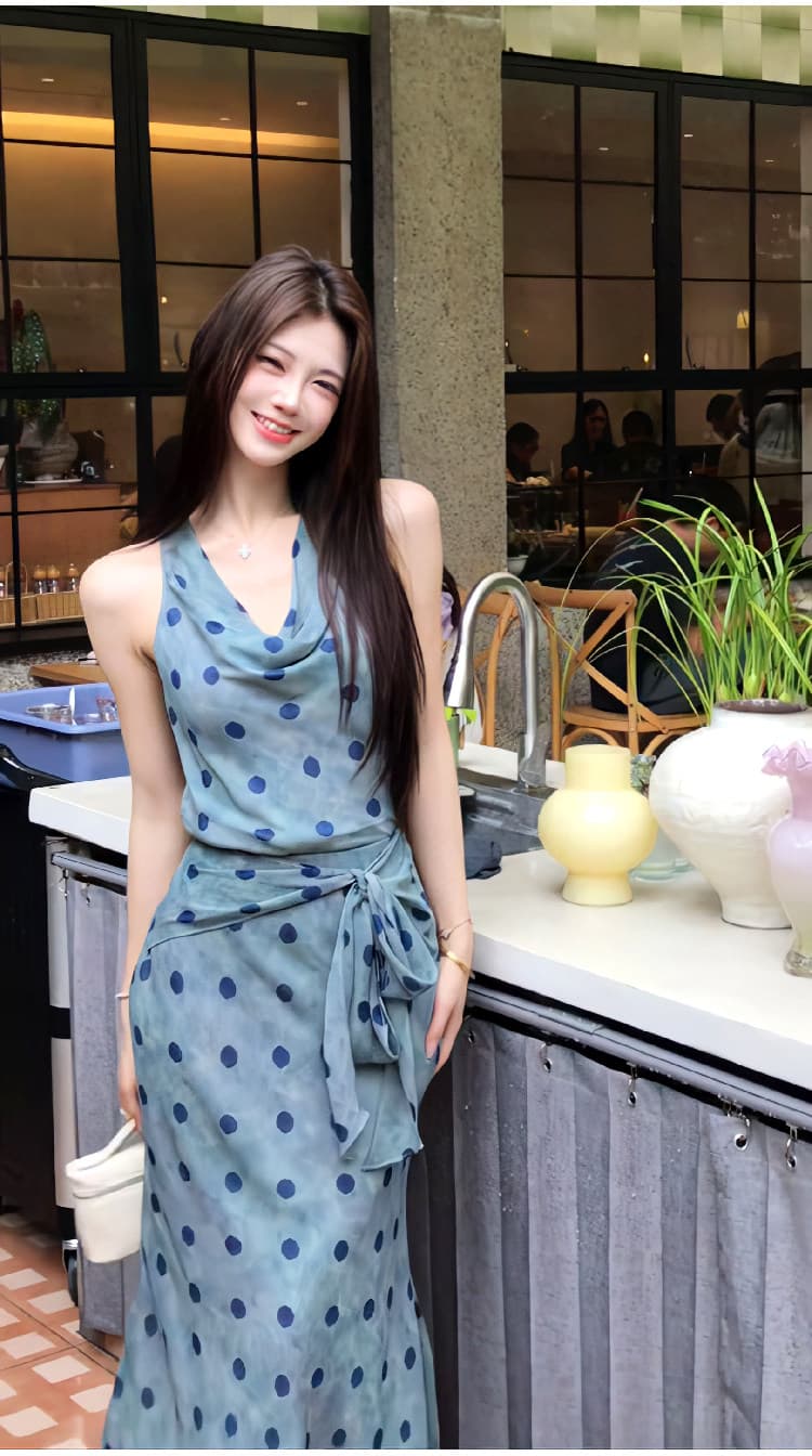 프랑스식 레트로 우아함 도트 무늬 흔들다 칼라 민소매 여성 드레스 여름 몸매 가꾸기 허리 수축 민소매 품격 타이트 스커트 롱 스커트 상세 이미지 9
