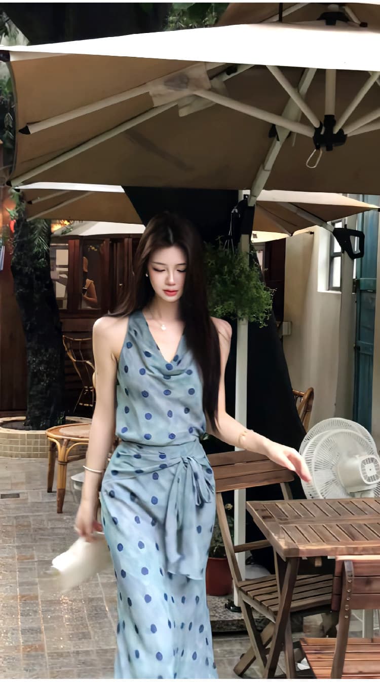 프랑스식 레트로 우아함 도트 무늬 흔들다 칼라 민소매 여성 드레스 여름 몸매 가꾸기 허리 수축 민소매 품격 타이트 스커트 롱 스커트 상세 이미지 10