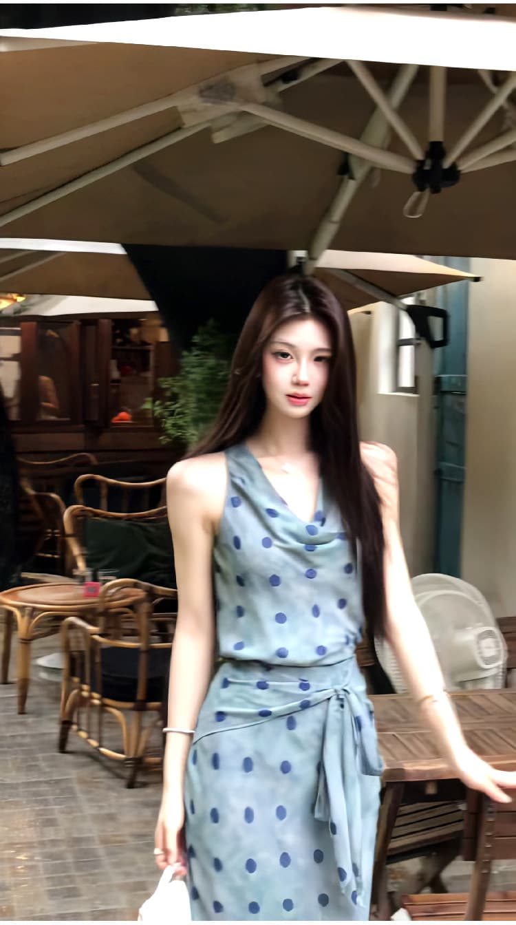 프랑스식 레트로 우아함 도트 무늬 흔들다 칼라 민소매 여성 드레스 여름 몸매 가꾸기 허리 수축 민소매 품격 타이트 스커트 롱 스커트 상세 이미지 11