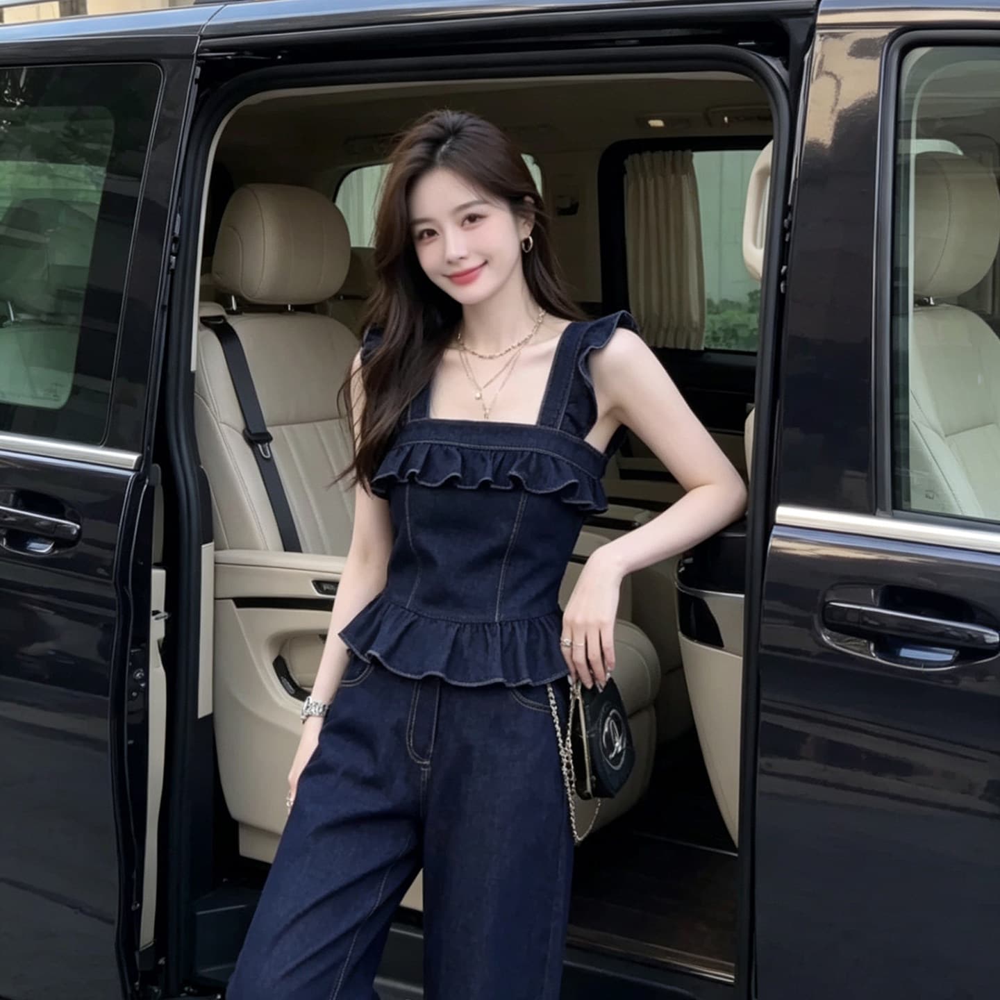 항구 바람 레트로 작은 날다 소매 데님 세트 여성 여름 고급 센스 다시 a 다시 바람의 소리 맨위 캐주얼 와이드 레그 팬츠 투피스 세트 이미지 6