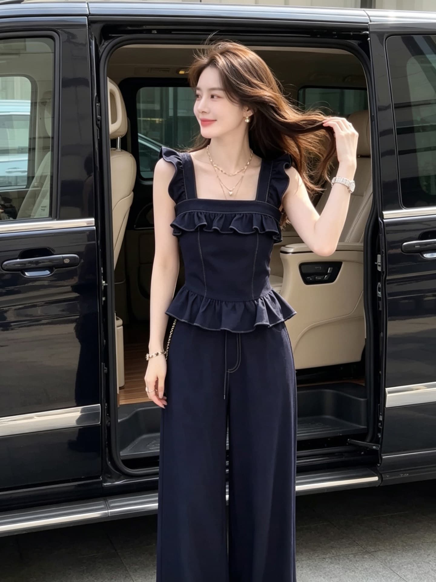 항구 바람 레트로 작은 날다 소매 데님 세트 여성 여름 고급 센스 다시 a 다시 바람의 소리 맨위 캐주얼 와이드 레그 팬츠 투피스 세트 이미지 5