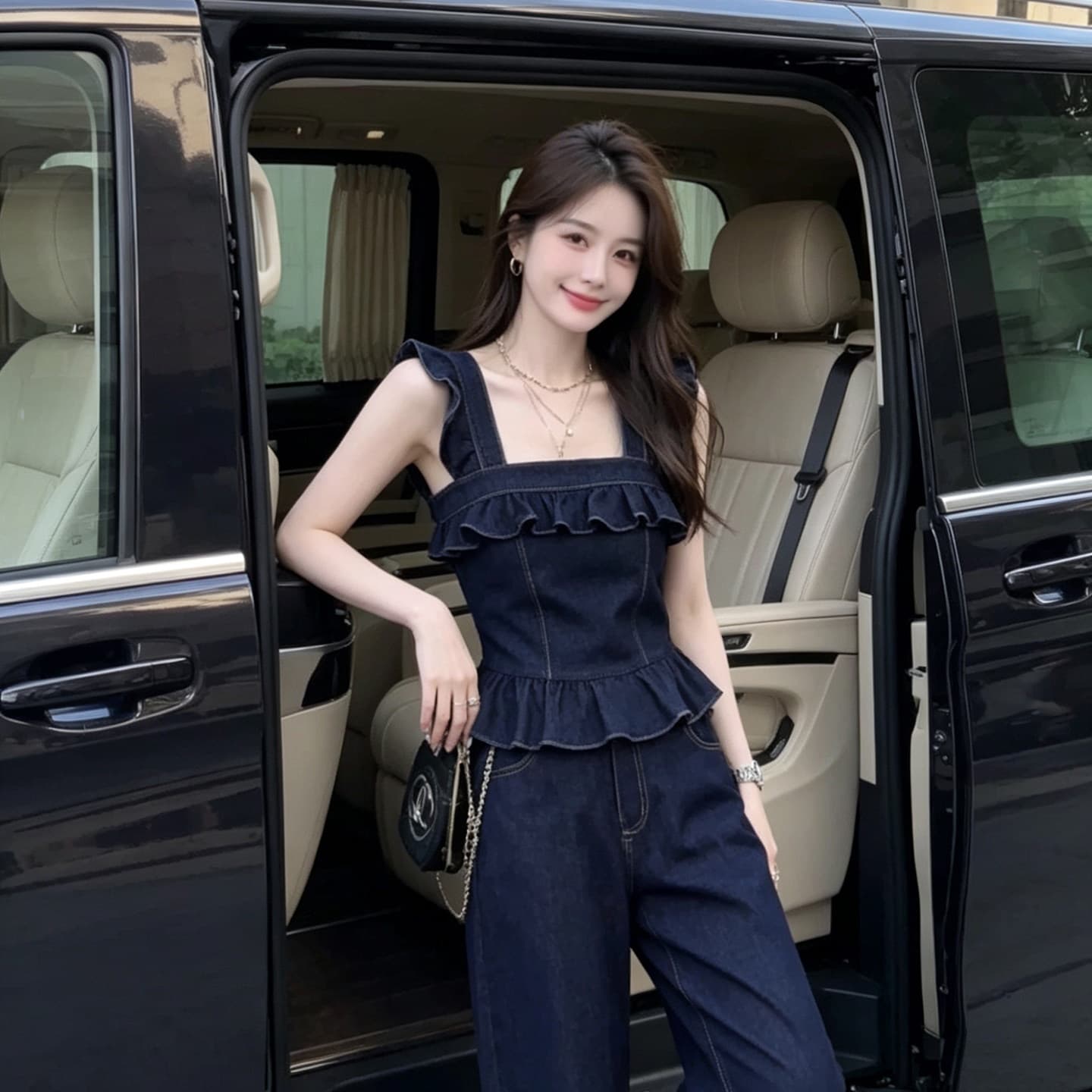 항구 바람 레트로 작은 날다 소매 데님 세트 여성 여름 고급 센스 다시 a 다시 바람의 소리 맨위 캐주얼 와이드 레그 팬츠 투피스 세트 이미지 3