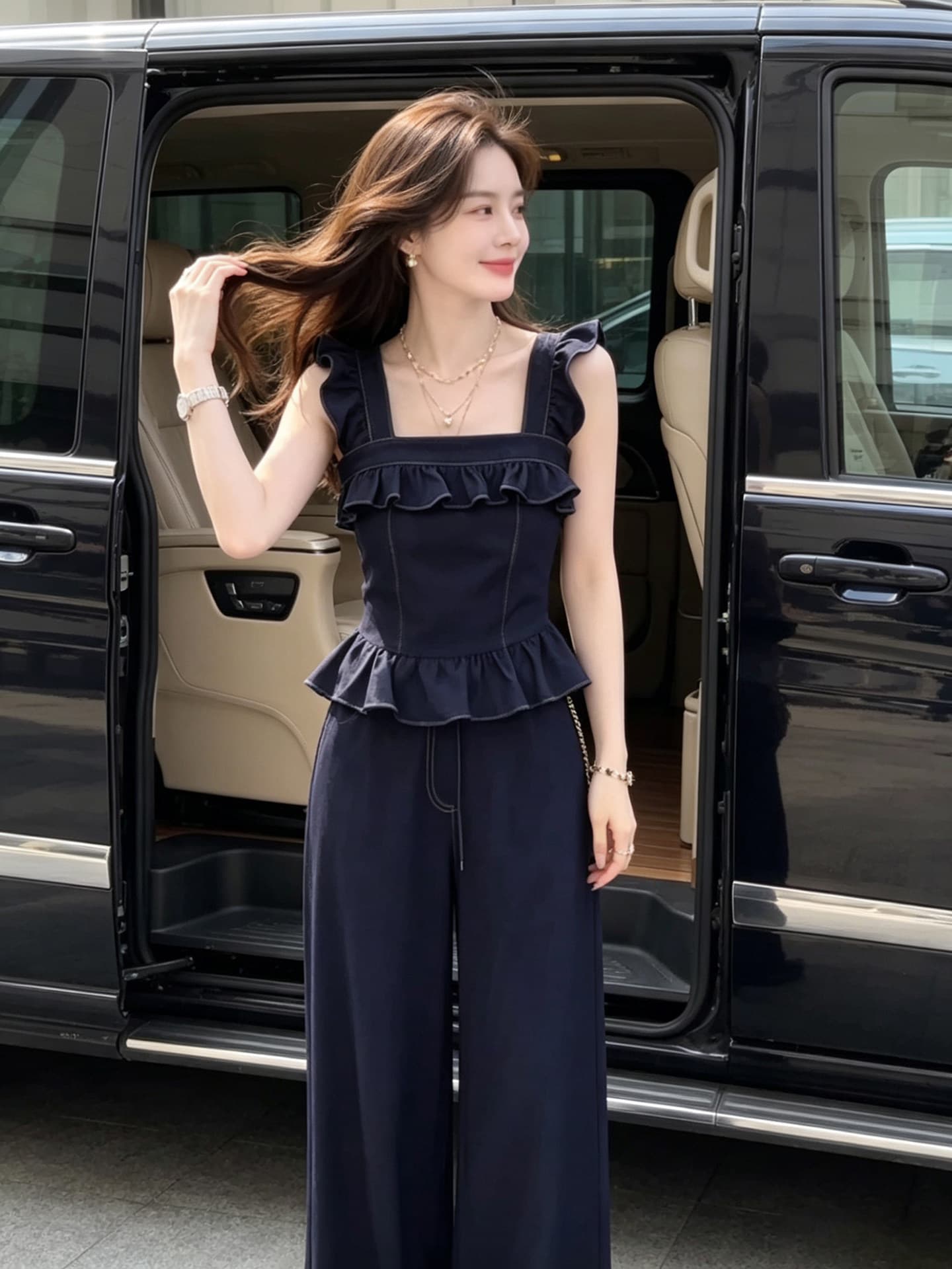 항구 바람 레트로 작은 날다 소매 데님 세트 여성 여름 고급 센스 다시 a 다시 바람의 소리 맨위 캐주얼 와이드 레그 팬츠 투피스 세트 상세 이미지 1
