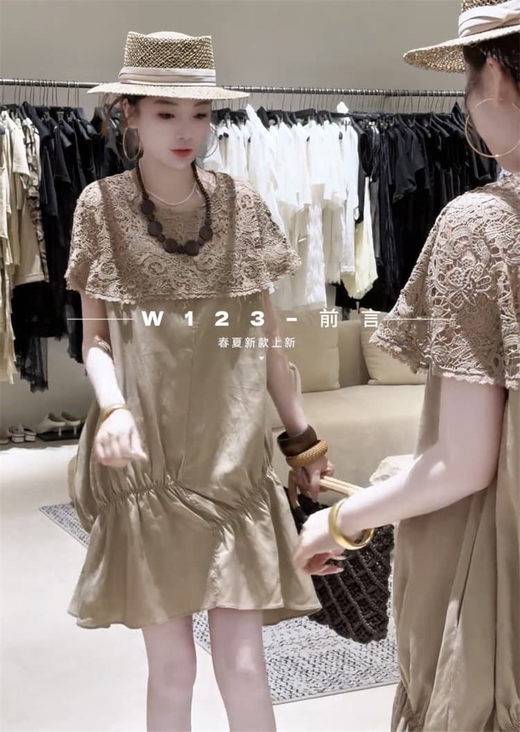 2026 여름 인터넷 유명인 새로운 페이크 레이어드 여성 드레스 유럽 상품 무거운 작업 레이스 자수 홀로우 아웃 숄 연꽃 잎 치마 이미지 2