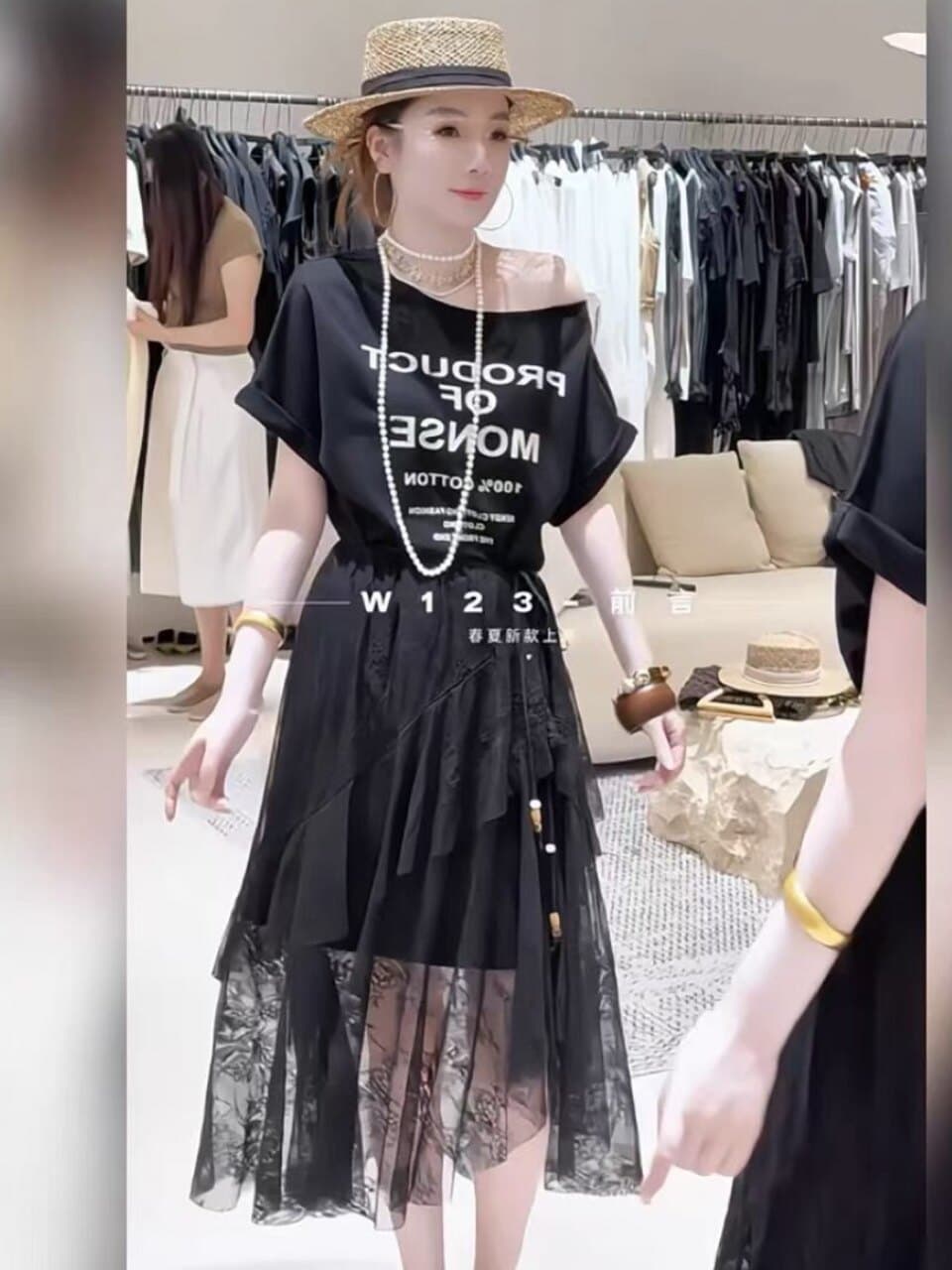 부서 레트로 패션 세트 여성 여름 반팔 티셔츠 맨위 프릴 망사 반신 스커트 캐주얼 투피스 세트 트렌디 상세 이미지 8