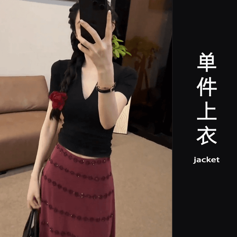 2026 슈퍼 화재 자이언트 잘 생긴 ~ 중 착용 가져 가라. 전체 집합 검정색 V넥 반팔 맨위 하이웨이스트 반신 스커트 투피스 슈트 이미지 4