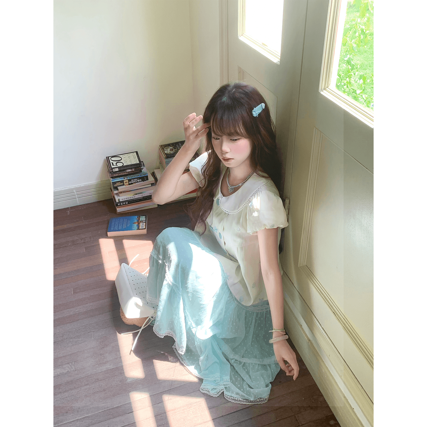 크림 스타 만 달콤한 스타일 세트 여름 착용 가져 가라. 베이비 칼라 맨위 다중 레이어 도트 무늬 박하 녹색 반신 스커트 여성 이미지 4