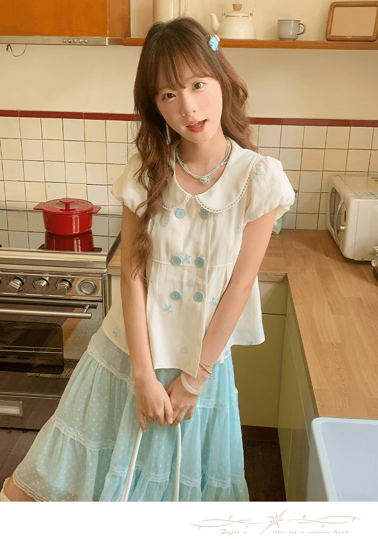 크림 스타 만 달콤한 스타일 세트 여름 착용 가져 가라. 베이비 칼라 맨위 다중 레이어 도트 무늬 박하 녹색 반신 스커트 여성 상세 이미지 3