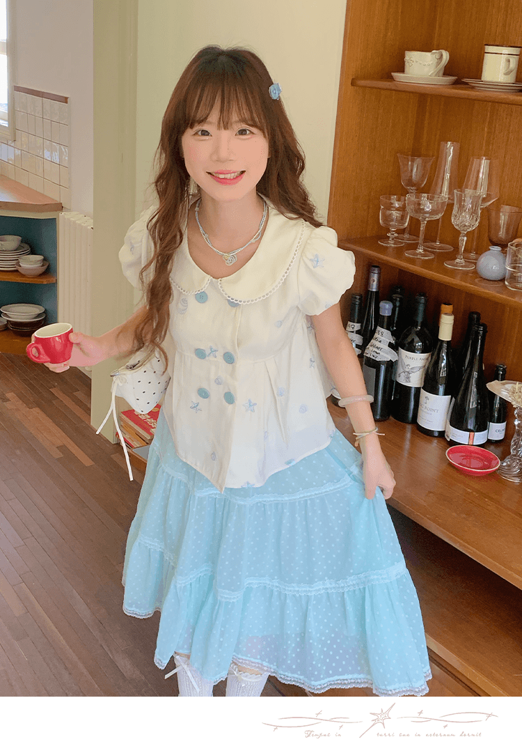 크림 스타 만 달콤한 스타일 세트 여름 착용 가져 가라. 베이비 칼라 맨위 다중 레이어 도트 무늬 박하 녹색 반신 스커트 여성 상세 이미지 5