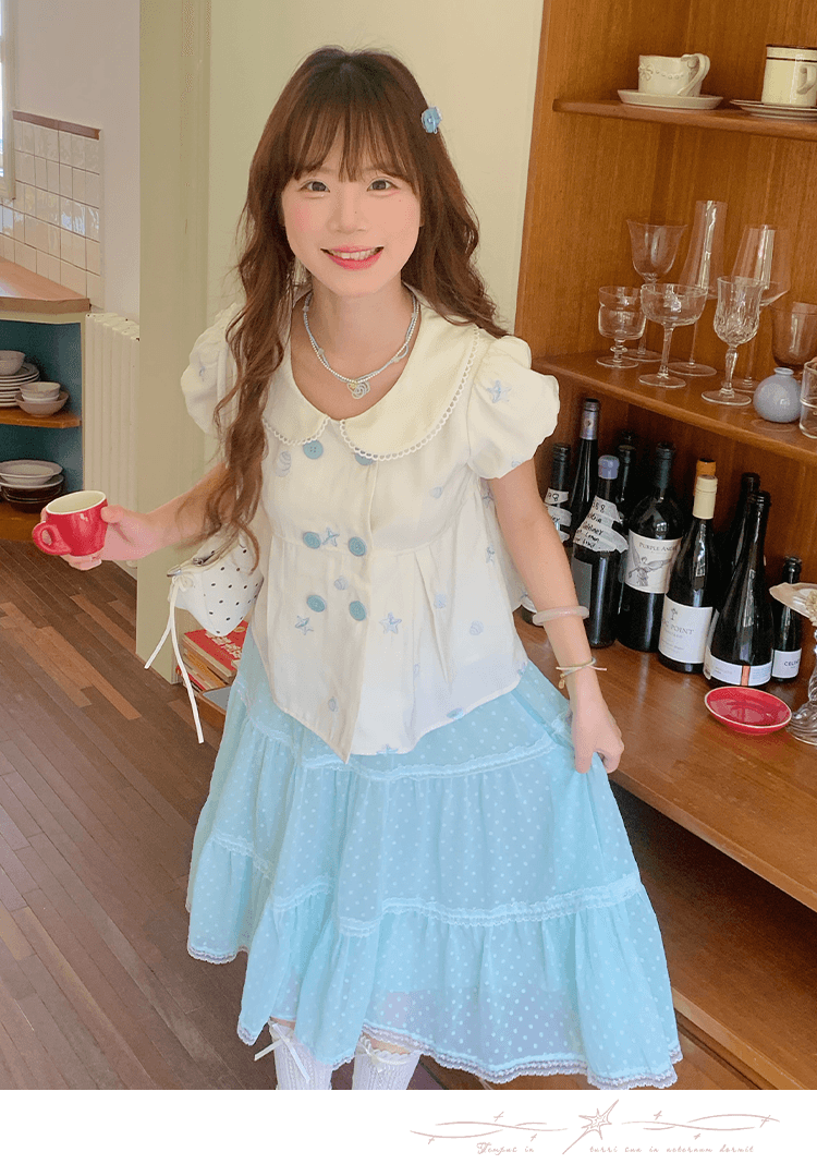 크림 스타 만 달콤한 스타일 세트 여름 착용 가져 가라. 베이비 칼라 맨위 다중 레이어 도트 무늬 박하 녹색 반신 스커트 여성 상세 이미지 7