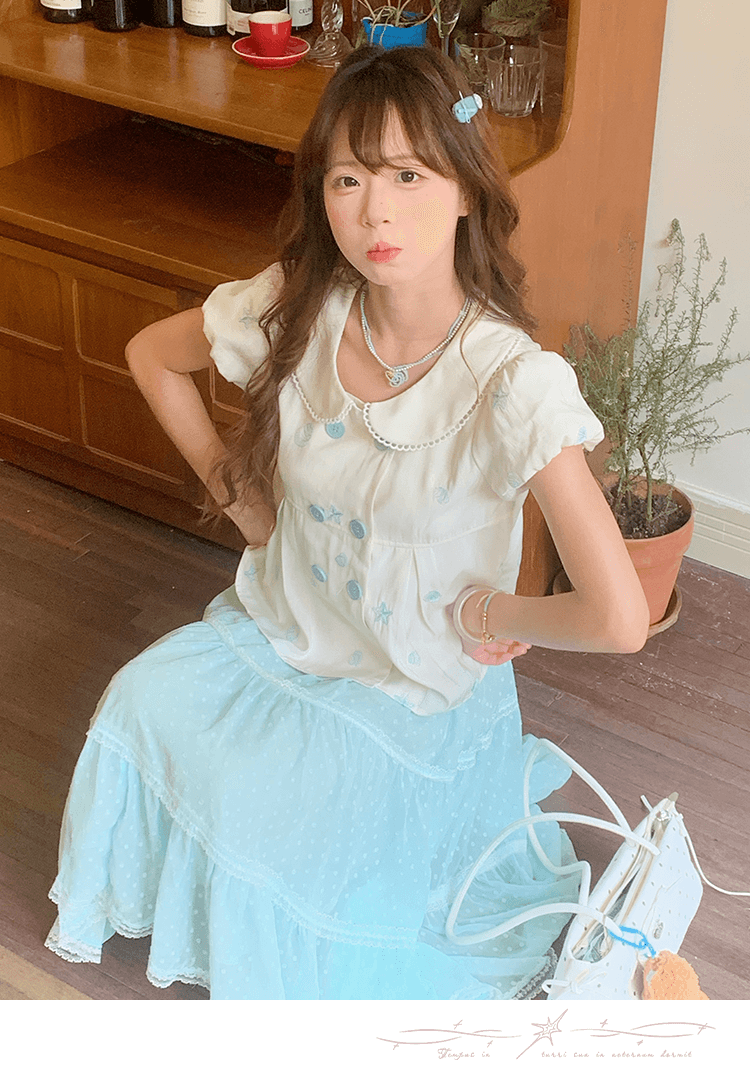 크림 스타 만 달콤한 스타일 세트 여름 착용 가져 가라. 베이비 칼라 맨위 다중 레이어 도트 무늬 박하 녹색 반신 스커트 여성 상세 이미지 11