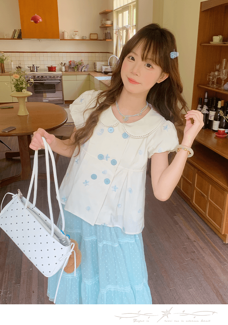 크림 스타 만 달콤한 스타일 세트 여름 착용 가져 가라. 베이비 칼라 맨위 다중 레이어 도트 무늬 박하 녹색 반신 스커트 여성 상세 이미지 13