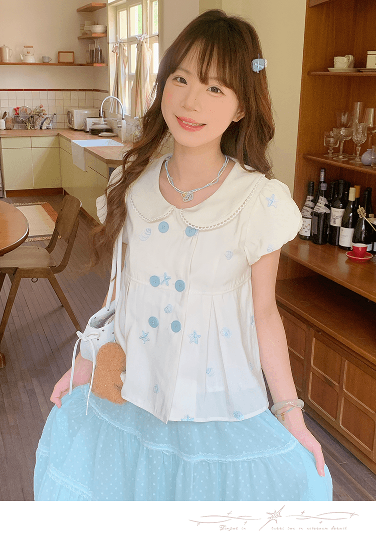 크림 스타 만 달콤한 스타일 세트 여름 착용 가져 가라. 베이비 칼라 맨위 다중 레이어 도트 무늬 박하 녹색 반신 스커트 여성 상세 이미지 14