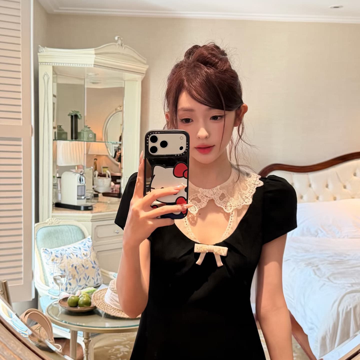 한국 스타일 패션 배색 레이스 베이비 칼라 홀로우 아웃 천 금빛 바람 검정색 한 마디 여성 드레스 여름 새로운 이미지 6