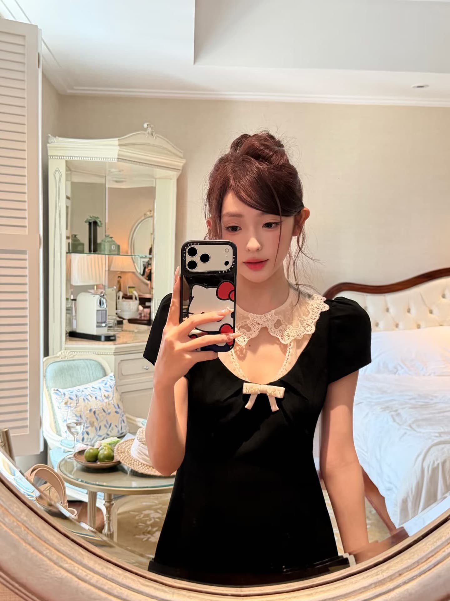 한국 스타일 패션 배색 레이스 베이비 칼라 홀로우 아웃 천 금빛 바람 검정색 한 마디 여성 드레스 여름 새로운 이미지 3