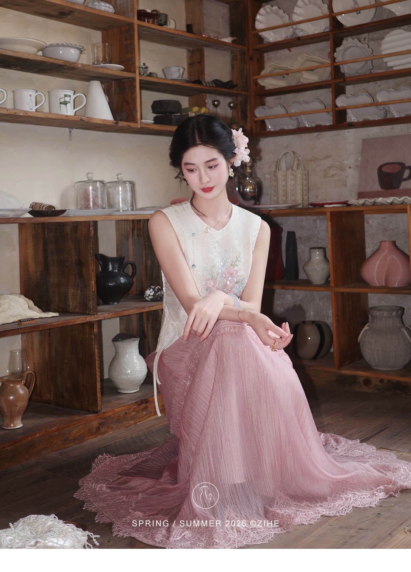 링 茜 거만한 와우 구름 객실 棠 꽃 새로운 중식 구슬 조각 자수 조끼 여자 여름 도루 센스 암퇘지 빛 와이드 레그 팬츠 세트 상세 이미지 15
