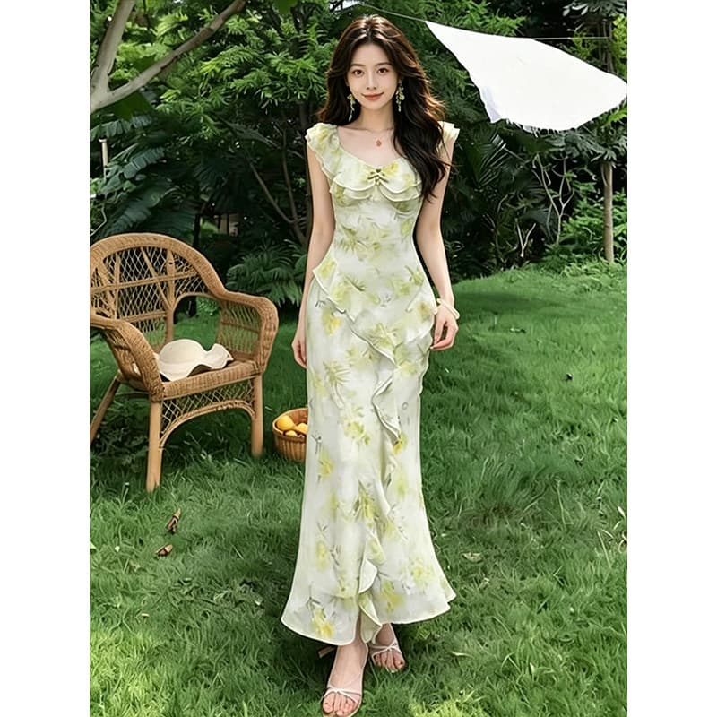 프랑스식 V넥 이중층 소매 꽃무늬 여성 드레스 2026 여름 새로운 허리 수축 몸매 가꾸기 슬림해 보이는 품격 인어 꼬리 스커트 이미지 4