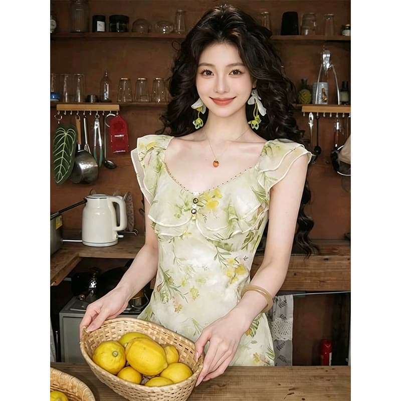 프랑스식 V넥 이중층 소매 꽃무늬 여성 드레스 2026 여름 새로운 허리 수축 몸매 가꾸기 슬림해 보이는 품격 인어 꼬리 스커트 이미지 5