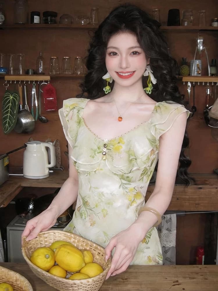 프랑스식 V넥 이중층 소매 꽃무늬 여성 드레스 2026 여름 새로운 허리 수축 몸매 가꾸기 슬림해 보이는 품격 인어 꼬리 스커트 상세 이미지 4