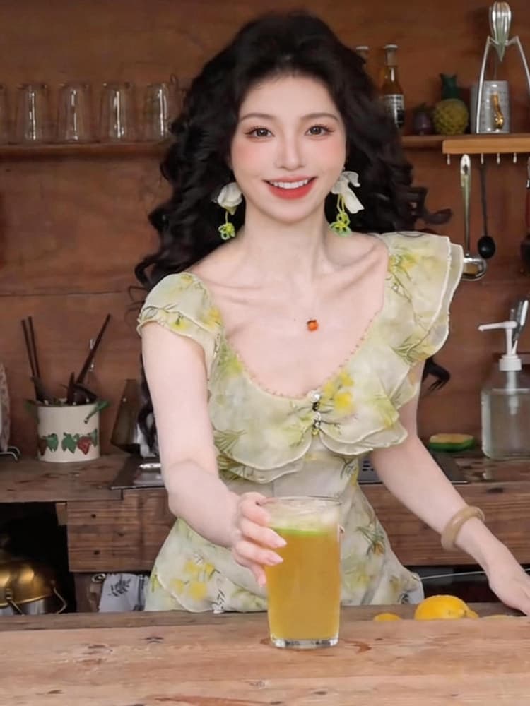 프랑스식 V넥 이중층 소매 꽃무늬 여성 드레스 2026 여름 새로운 허리 수축 몸매 가꾸기 슬림해 보이는 품격 인어 꼬리 스커트 상세 이미지 6