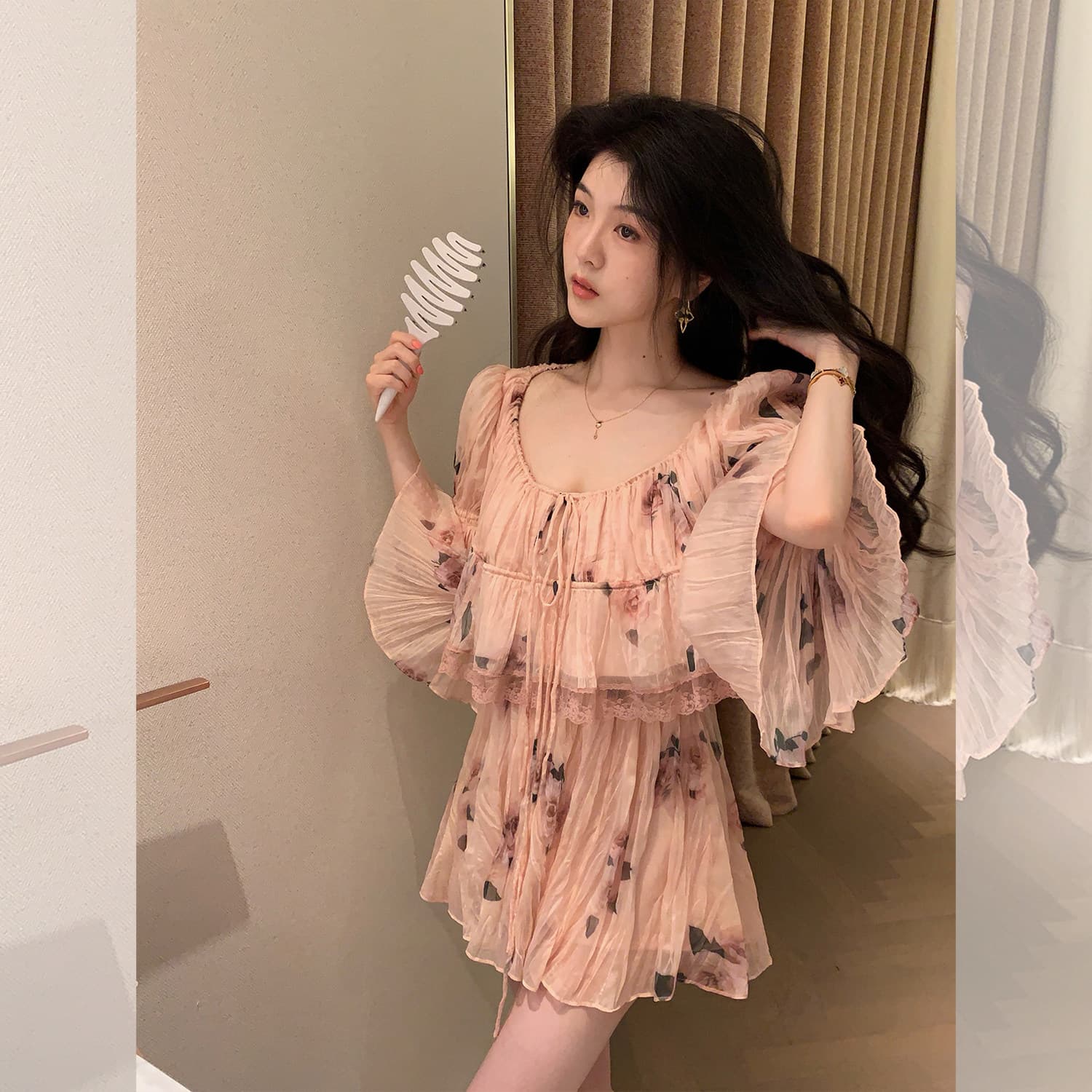 대 eees 나카지마 장미 프랑스식 중년 낭만주의 오프숄더 광장 칼라 둘 착용 플리츠 꽃무늬 휴가 바람 세트 이미지 5