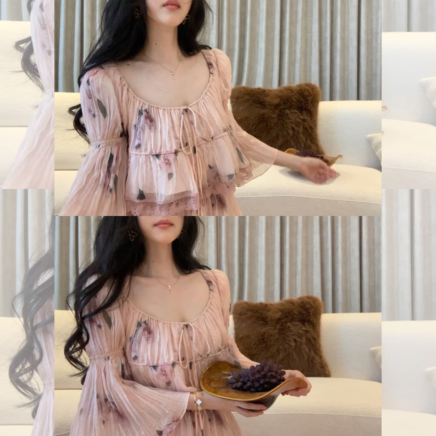 대 eees 나카지마 장미 프랑스식 중년 낭만주의 오프숄더 광장 칼라 둘 착용 플리츠 꽃무늬 휴가 바람 세트 이미지 3