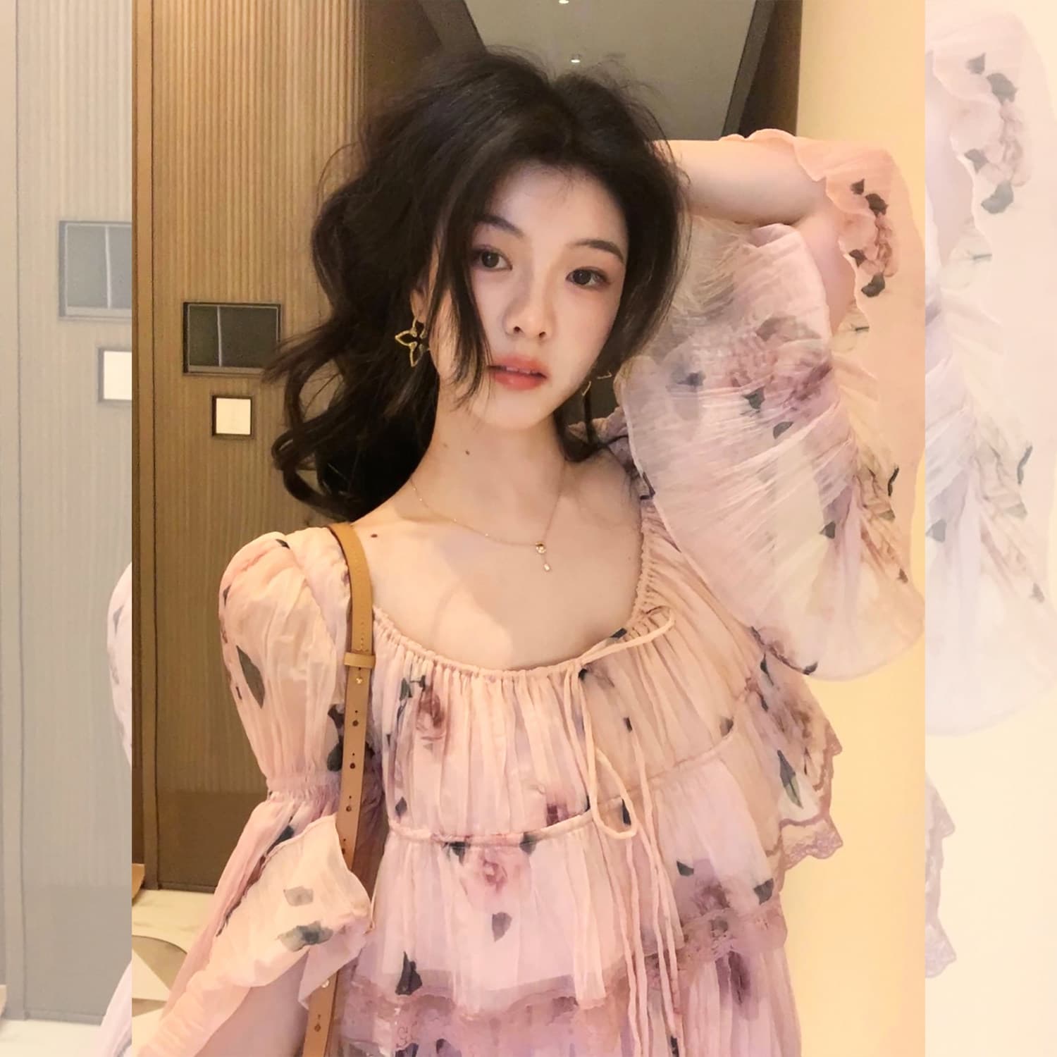대 eees 나카지마 장미 프랑스식 중년 낭만주의 오프숄더 광장 칼라 둘 착용 플리츠 꽃무늬 휴가 바람 세트 상세 이미지 1