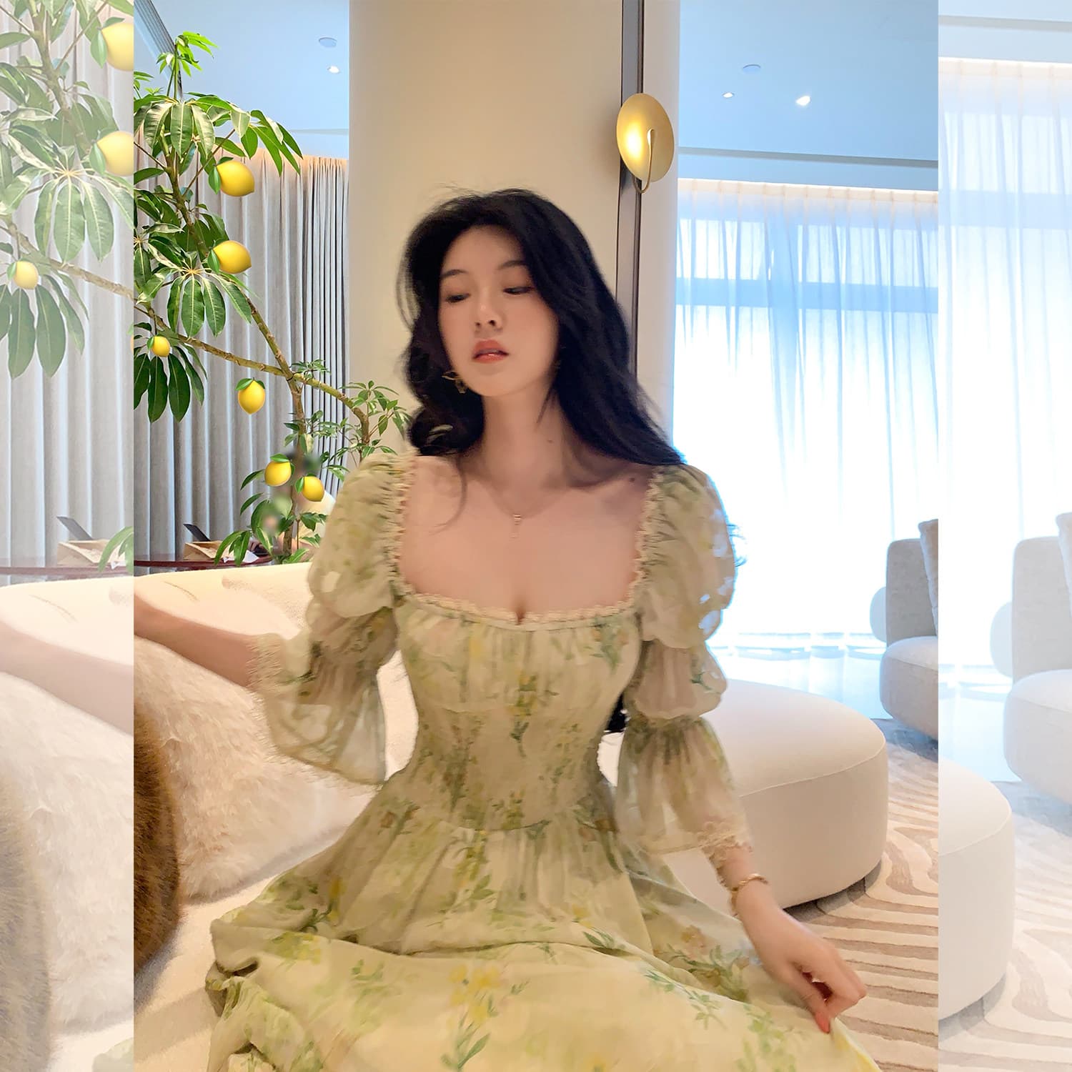 대 eees 에어로빅 한여름 광장 칼라 꽃무늬 프랑스식 여성 드레스 여름 새로운 허리 수축 롱 스커트 차 휴식 치마 상세 이미지 1