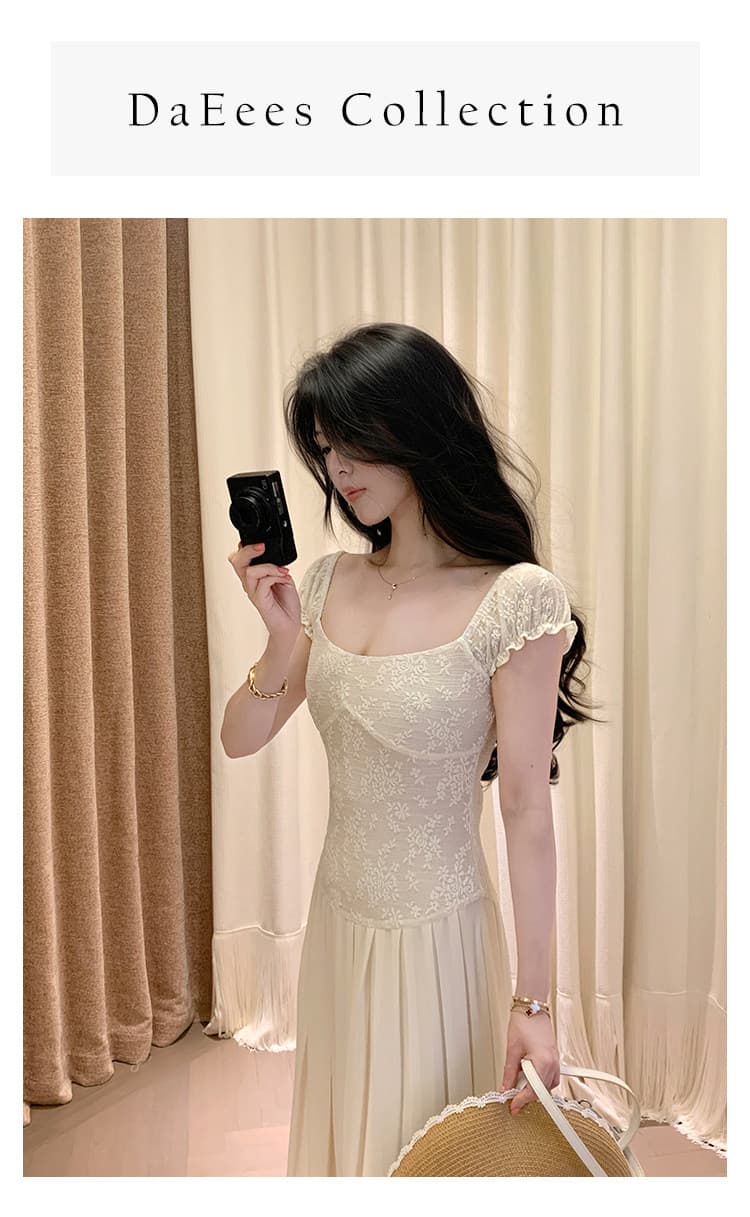 대 eees 골동품 오르골 프랑스식 아름다운 레이스 u 칼라 작은 날다 소매 요정 요정 허리 수축 슬림해 보이는 드레스 여름 상세 이미지 4