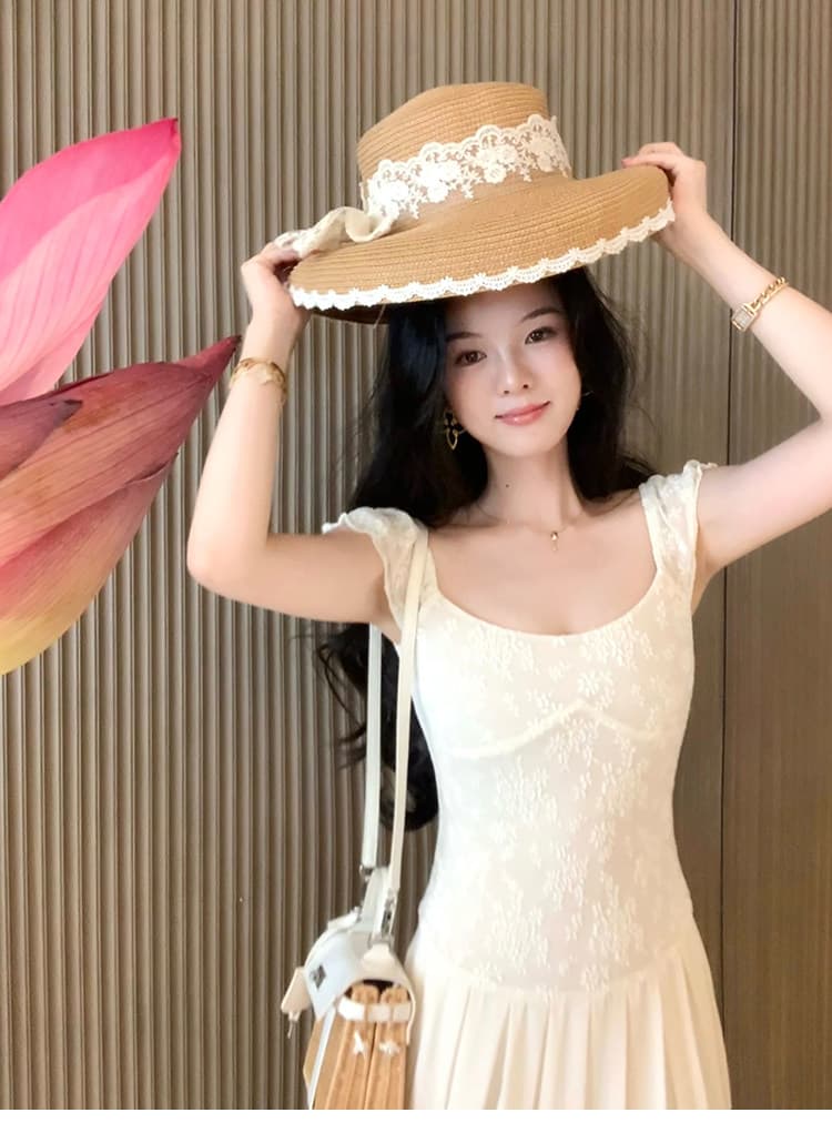 대 eees 골동품 오르골 프랑스식 아름다운 레이스 u 칼라 작은 날다 소매 요정 요정 허리 수축 슬림해 보이는 드레스 여름 상세 이미지 5