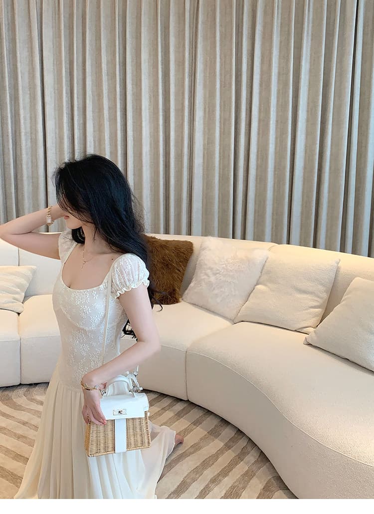 대 eees 골동품 오르골 프랑스식 아름다운 레이스 u 칼라 작은 날다 소매 요정 요정 허리 수축 슬림해 보이는 드레스 여름 상세 이미지 9