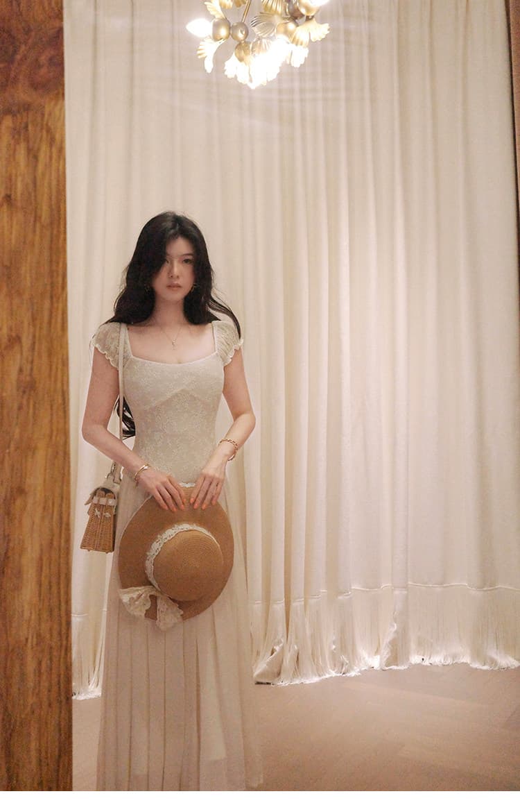 대 eees 골동품 오르골 프랑스식 아름다운 레이스 u 칼라 작은 날다 소매 요정 요정 허리 수축 슬림해 보이는 드레스 여름 상세 이미지 11