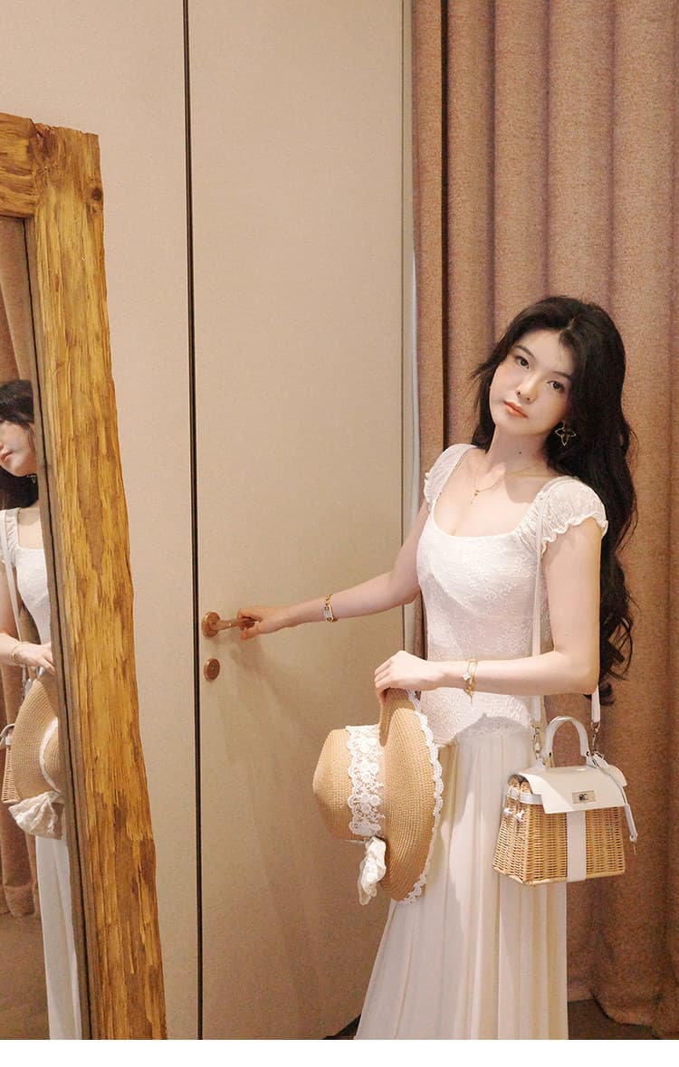 대 eees 골동품 오르골 프랑스식 아름다운 레이스 u 칼라 작은 날다 소매 요정 요정 허리 수축 슬림해 보이는 드레스 여름 상세 이미지 14