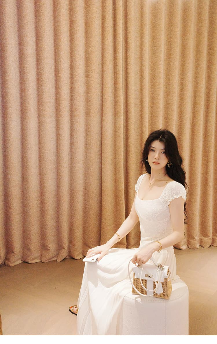 대 eees 골동품 오르골 프랑스식 아름다운 레이스 u 칼라 작은 날다 소매 요정 요정 허리 수축 슬림해 보이는 드레스 여름 상세 이미지 17