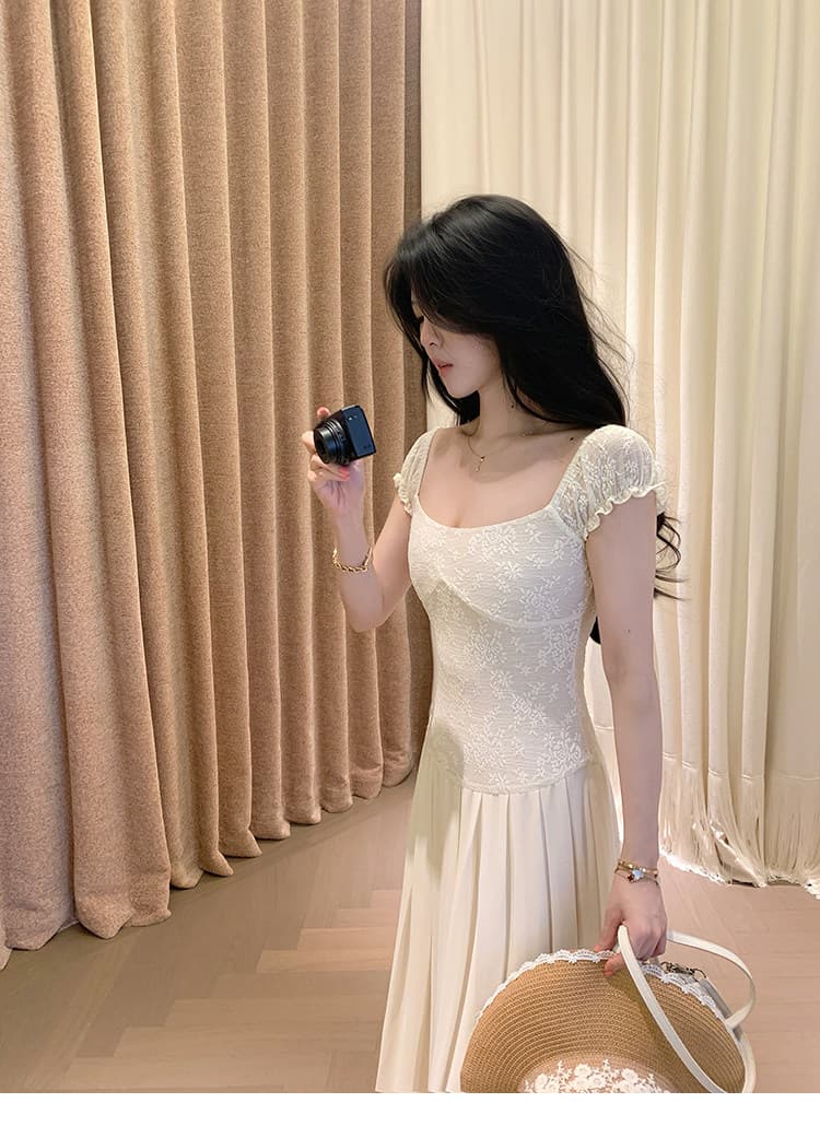 대 eees 골동품 오르골 프랑스식 아름다운 레이스 u 칼라 작은 날다 소매 요정 요정 허리 수축 슬림해 보이는 드레스 여름 상세 이미지 18