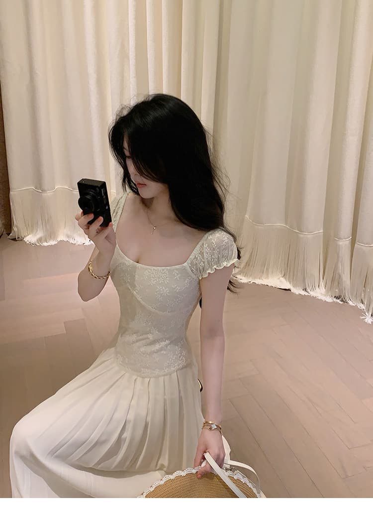 대 eees 골동품 오르골 프랑스식 아름다운 레이스 u 칼라 작은 날다 소매 요정 요정 허리 수축 슬림해 보이는 드레스 여름 상세 이미지 19